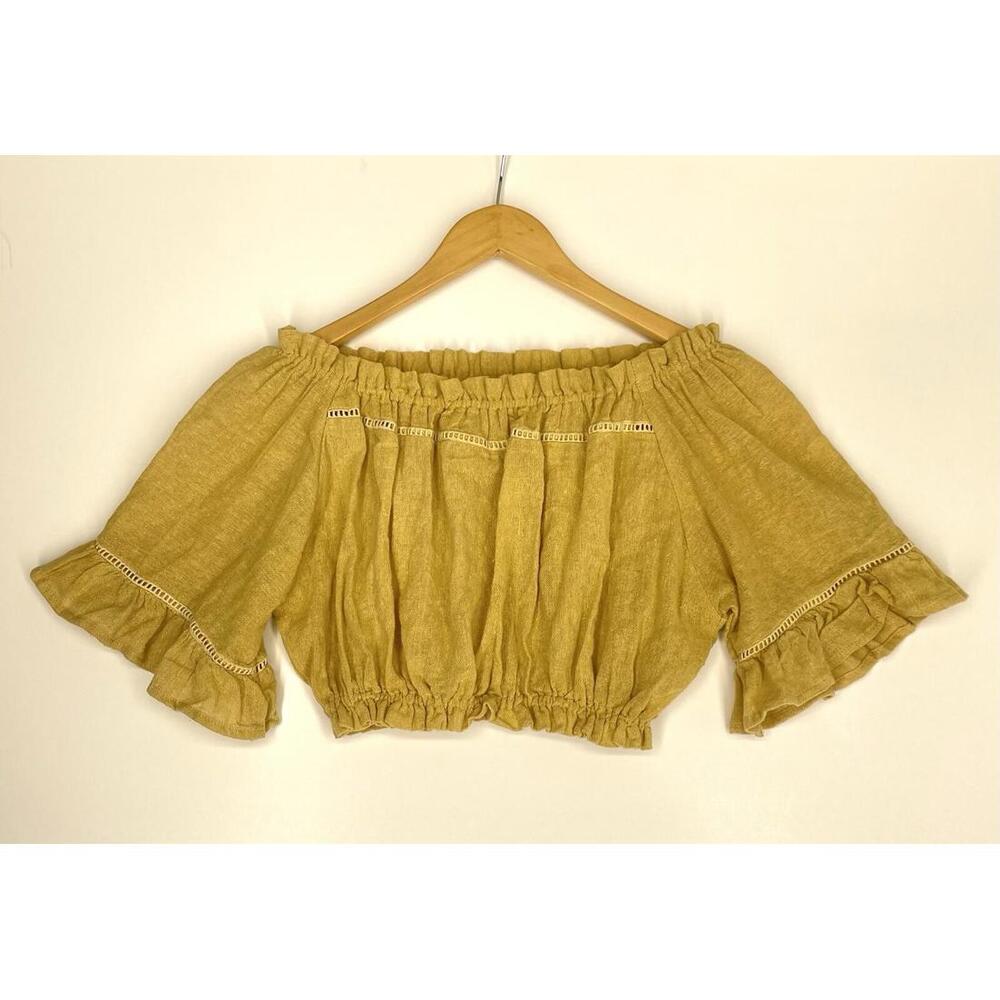 The Hemp Temple Crop Top S Mustard Yellow Off Shoulder Boho Hemp Blend Ruffle